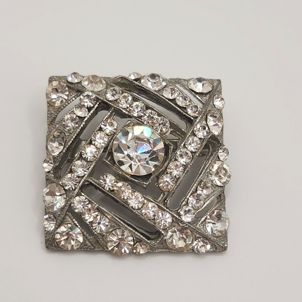 Vintage Art Deco Rhinestone Square Brooch Geometric Silver Tone Pot Metal Pin